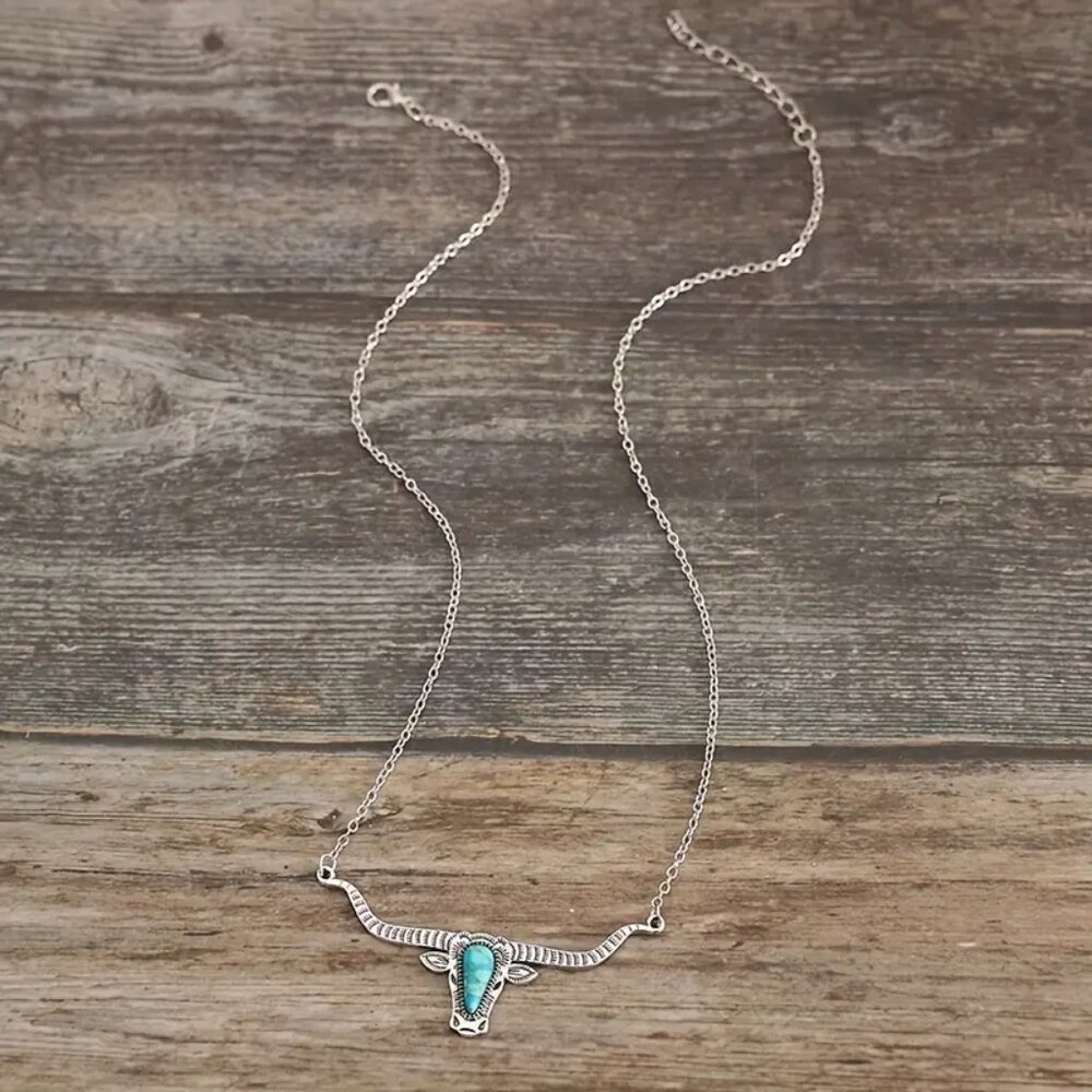 NWT Turquoise Longhorn Bull Head Boho Necklace - Picture 11 of 12